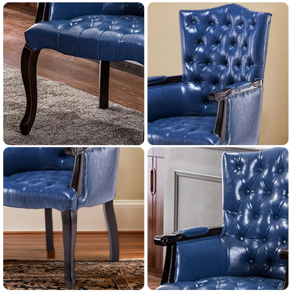 LIVARA Deep Coffee Vintage Accent Armchair - Retro PU Leather Upholstery, Solid Wood Frame, Tufted Backrest, Elegant Living Room Single Sofa Chair - Black Walnut Frame & Royal Blue PU