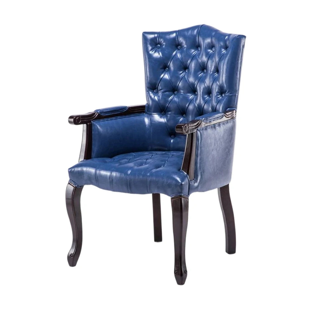 LIVARA Deep Coffee Vintage Accent Armchair - Retro PU Leather Upholstery, Solid Wood Frame, Tufted Backrest, Elegant Living Room Single Sofa Chair - Black Walnut Frame & Royal Blue PU