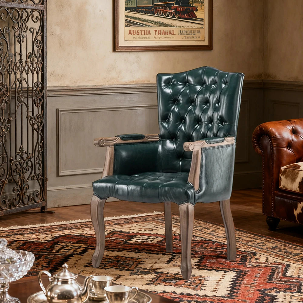 LIVARA Deep Coffee Vintage Accent Armchair - Retro PU Leather Upholstery, Solid Wood Frame, Tufted Backrest, Elegant Living Room Single Sofa Chair - Blue