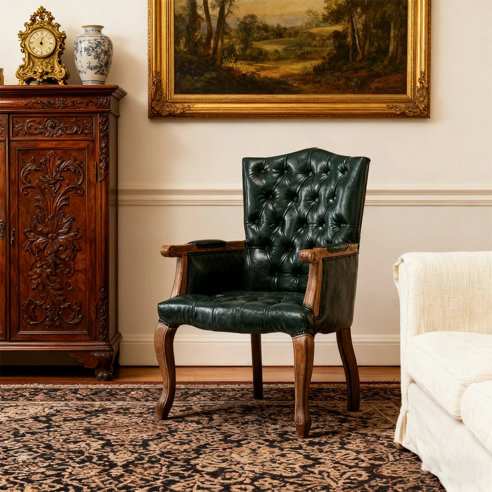 LIVARA Deep Coffee Vintage Accent Armchair - Retro PU Leather Upholstery, Solid Wood Frame, Tufted Backrest, Elegant Living Room Single Sofa Chair - Blue