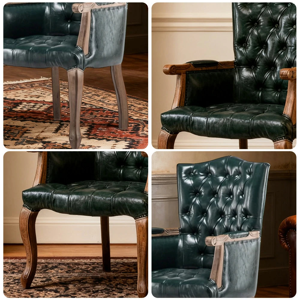 LIVARA Deep Coffee Vintage Accent Armchair - Retro PU Leather Upholstery, Solid Wood Frame, Tufted Backrest, Elegant Living Room Single Sofa Chair - Blue