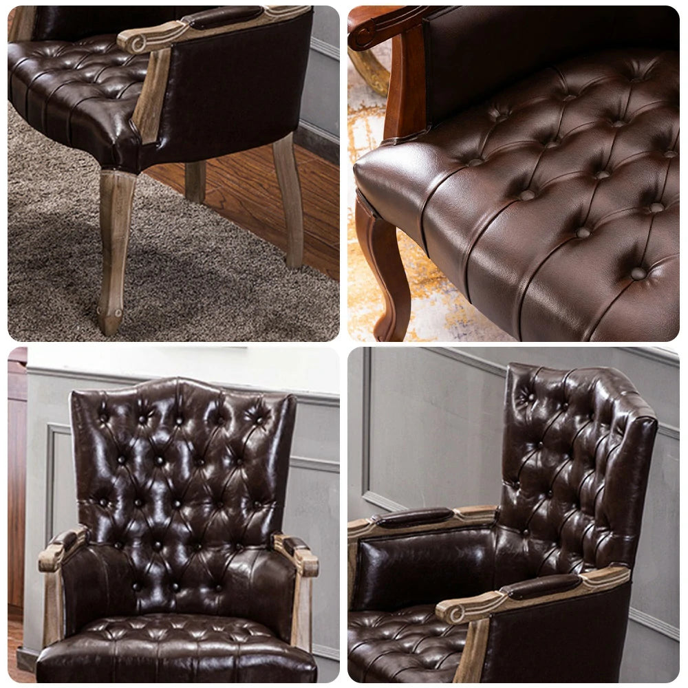 LIVARA Deep Coffee Vintage Accent Armchair - Retro PU Leather Upholstery, Solid Wood Frame, Tufted Backrest, Elegant Living Room Single Sofa Chair - Dark Coffee