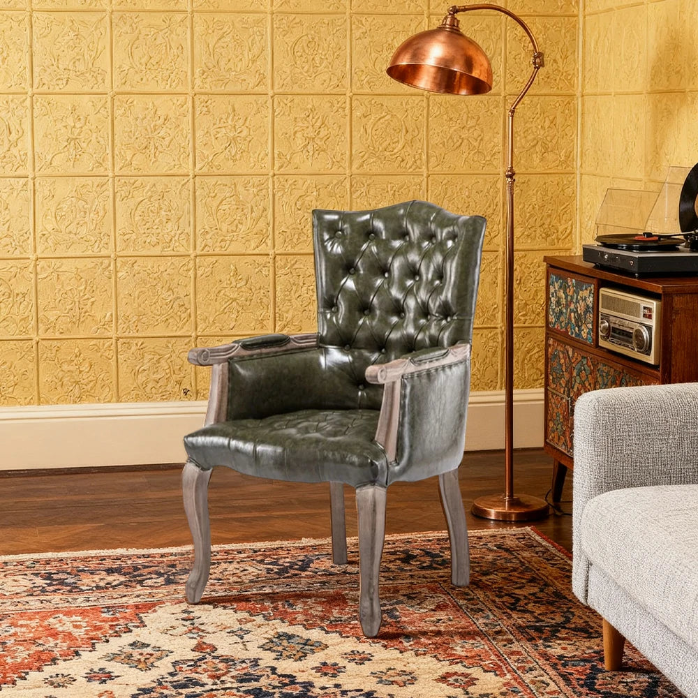 LIVARA Deep Coffee Vintage Accent Armchair - Retro PU Leather Upholstery, Solid Wood Frame, Tufted Backrest, Elegant Living Room Single Sofa Chair - Green