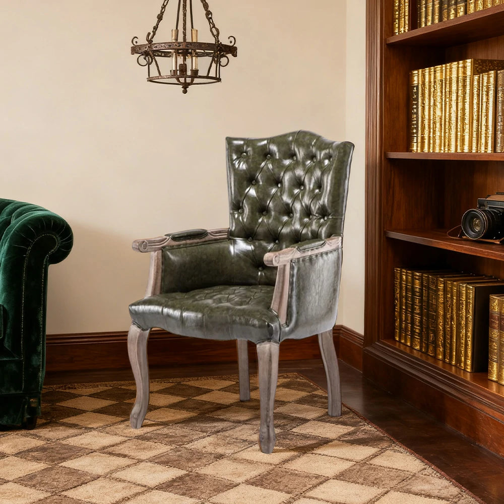 LIVARA Deep Coffee Vintage Accent Armchair - Retro PU Leather Upholstery, Solid Wood Frame, Tufted Backrest, Elegant Living Room Single Sofa Chair - Green