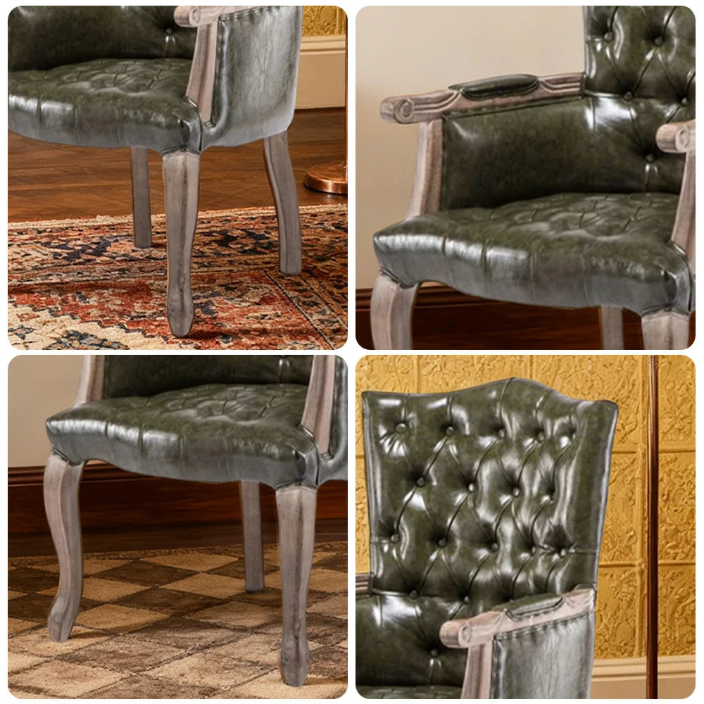 LIVARA Deep Coffee Vintage Accent Armchair - Retro PU Leather Upholstery, Solid Wood Frame, Tufted Backrest, Elegant Living Room Single Sofa Chair - Green