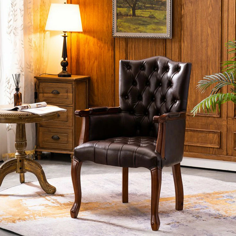 LIVARA Deep Coffee Vintage Accent Armchair - Retro PU Leather Upholstery, Solid Wood Frame, Tufted Backrest, Elegant Living Room Single Sofa Chair - Walnut Finish & Coffee PU
