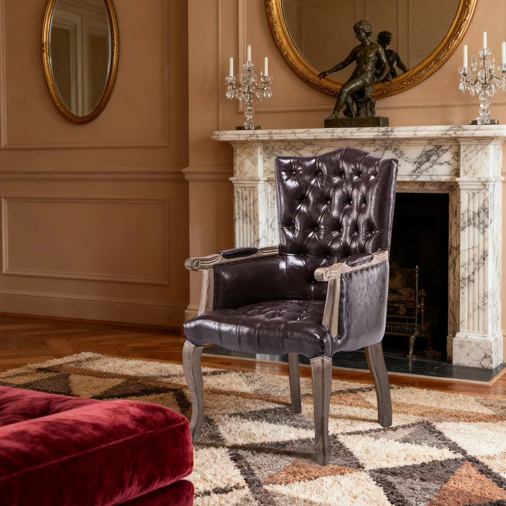 LIVARA Deep Coffee Vintage Accent Armchair - Retro PU Leather Upholstery, Solid Wood Frame, Tufted Backrest, Elegant Living Room Single Sofa Chair - Walnut Finish & Coffee PU