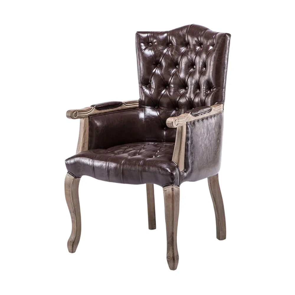 LIVARA Deep Coffee Vintage Accent Armchair - Retro PU Leather Upholstery, Solid Wood Frame, Tufted Backrest, Elegant Living Room Single Sofa Chair - Walnut Finish & Coffee PU