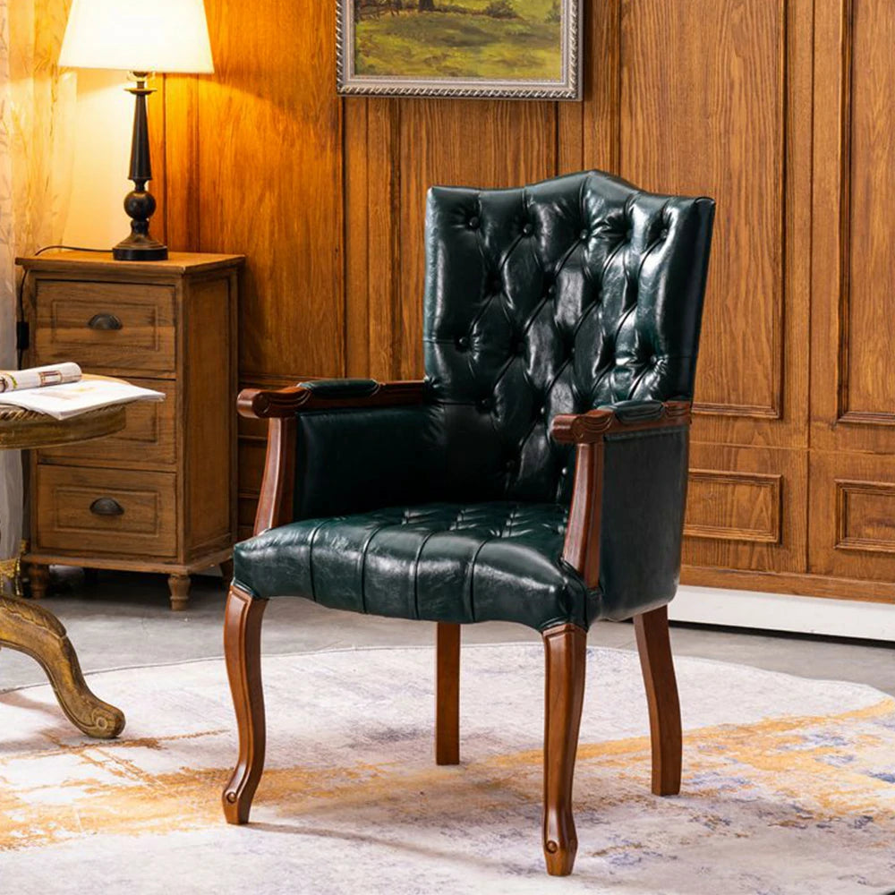 LIVARA Deep Coffee Vintage Accent Armchair - Retro PU Leather Upholstery, Solid Wood Frame, Tufted Backrest, Elegant Living Room Single Sofa Chair - Walnut Finish & Green PU