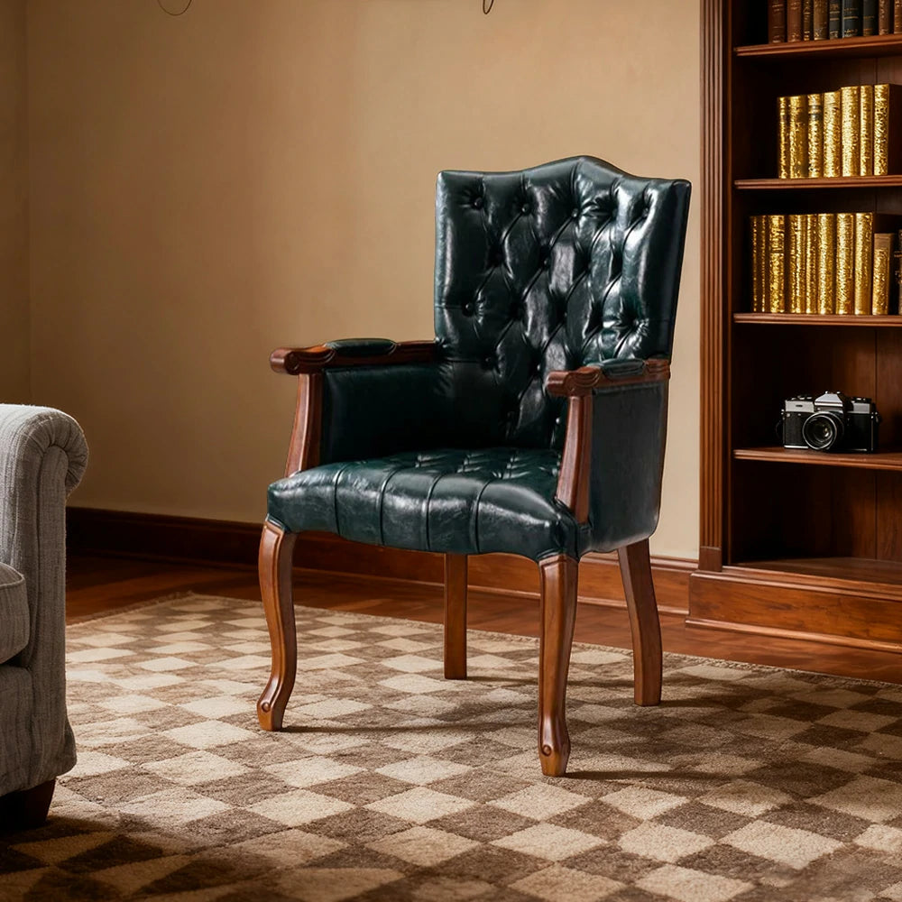 LIVARA Deep Coffee Vintage Accent Armchair - Retro PU Leather Upholstery, Solid Wood Frame, Tufted Backrest, Elegant Living Room Single Sofa Chair - Walnut Finish & Green PU