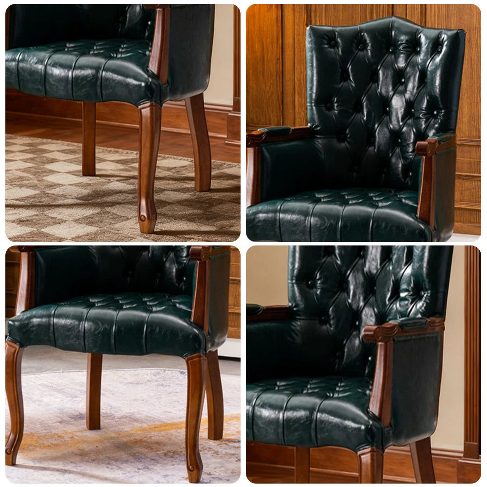 LIVARA Deep Coffee Vintage Accent Armchair - Retro PU Leather Upholstery, Solid Wood Frame, Tufted Backrest, Elegant Living Room Single Sofa Chair - Walnut Finish & Green PU