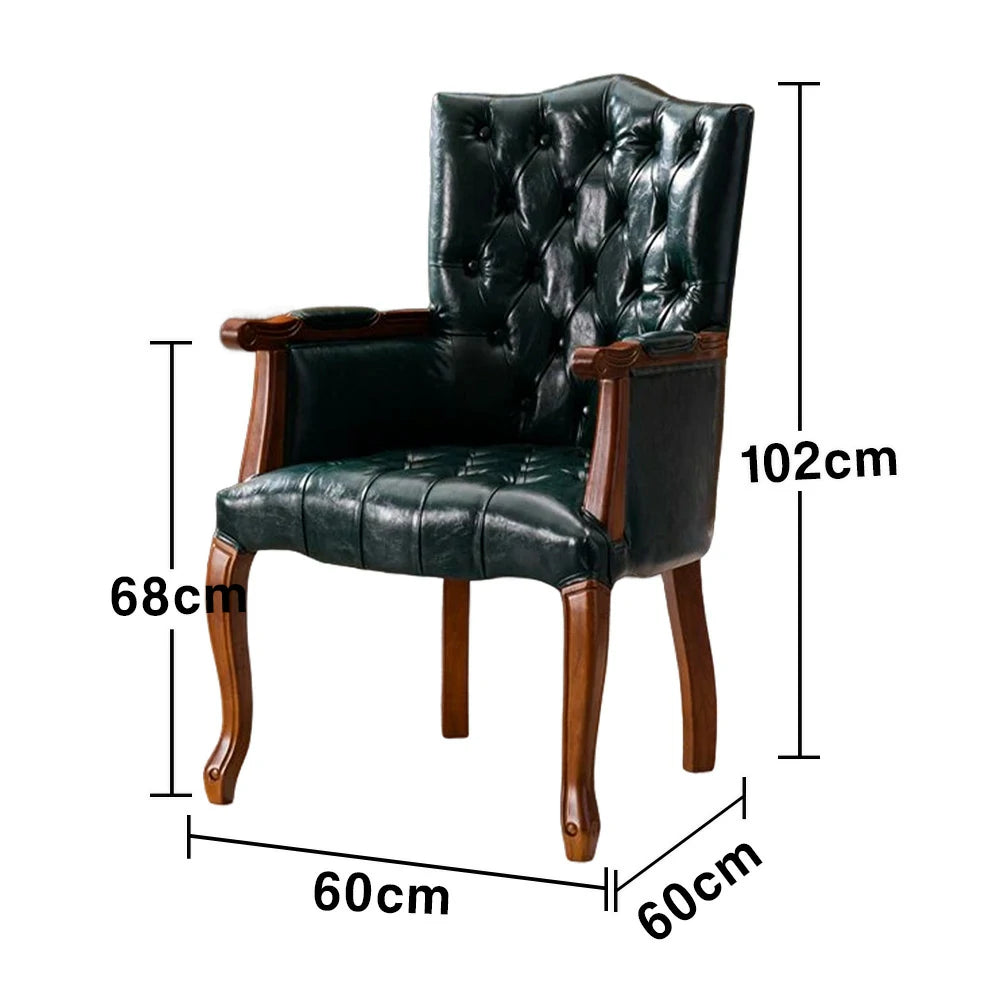 LIVARA Deep Coffee Vintage Accent Armchair - Retro PU Leather Upholstery, Solid Wood Frame, Tufted Backrest, Elegant Living Room Single Sofa Chair - Walnut Finish & Green PU