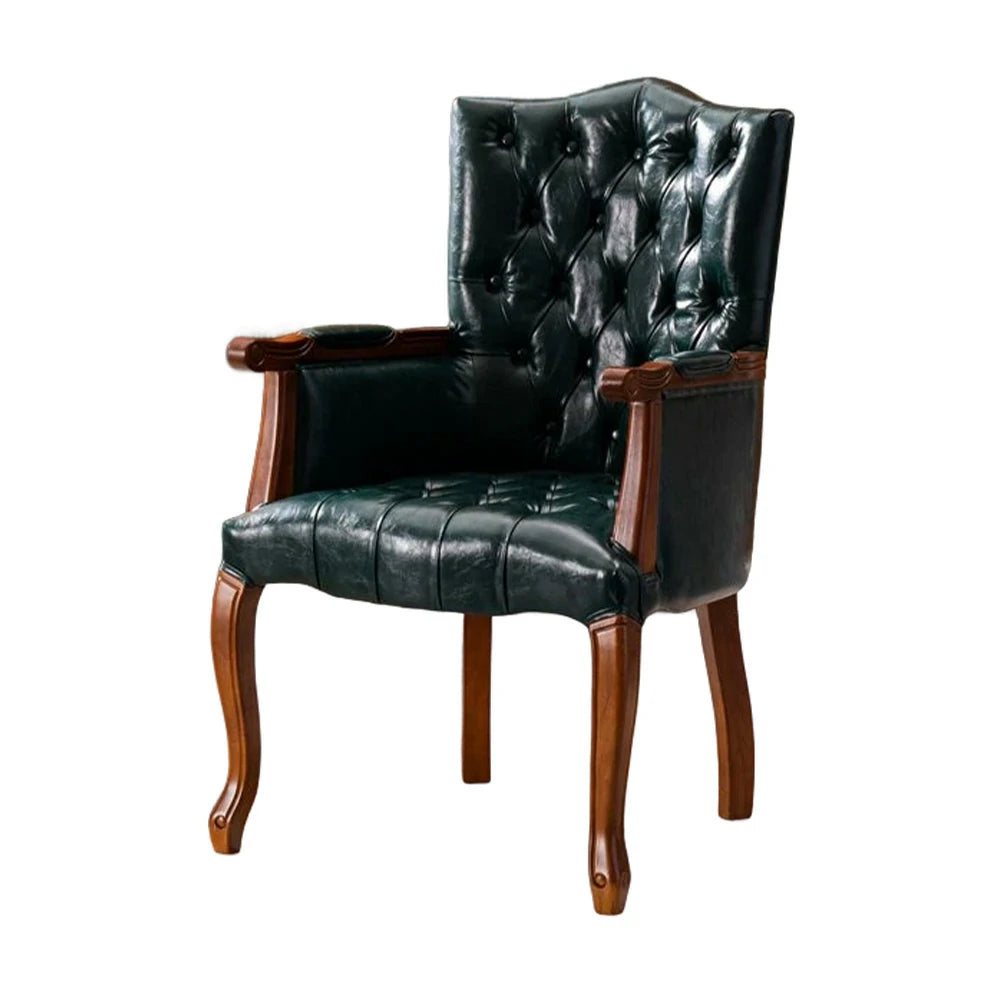 LIVARA Deep Coffee Vintage Accent Armchair - Retro PU Leather Upholstery, Solid Wood Frame, Tufted Backrest, Elegant Living Room Single Sofa Chair - Walnut Finish & Green PU