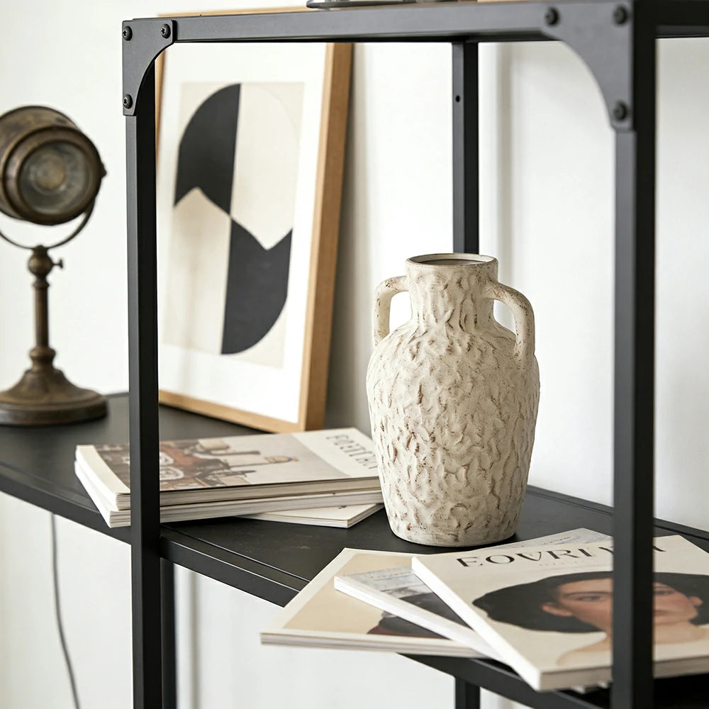 LIVARA Ceramic Vase Ornament Flow-Textured Double-Handle Vessel Artistic Home Display Matte Ceramic Natural Pattern Finish