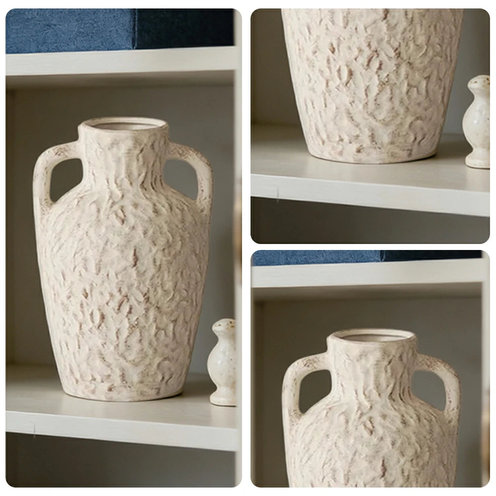 LIVARA Ceramic Vase Ornament Flow-Textured Double-Handle Vessel Artistic Home Display Matte Ceramic Natural Pattern Finish