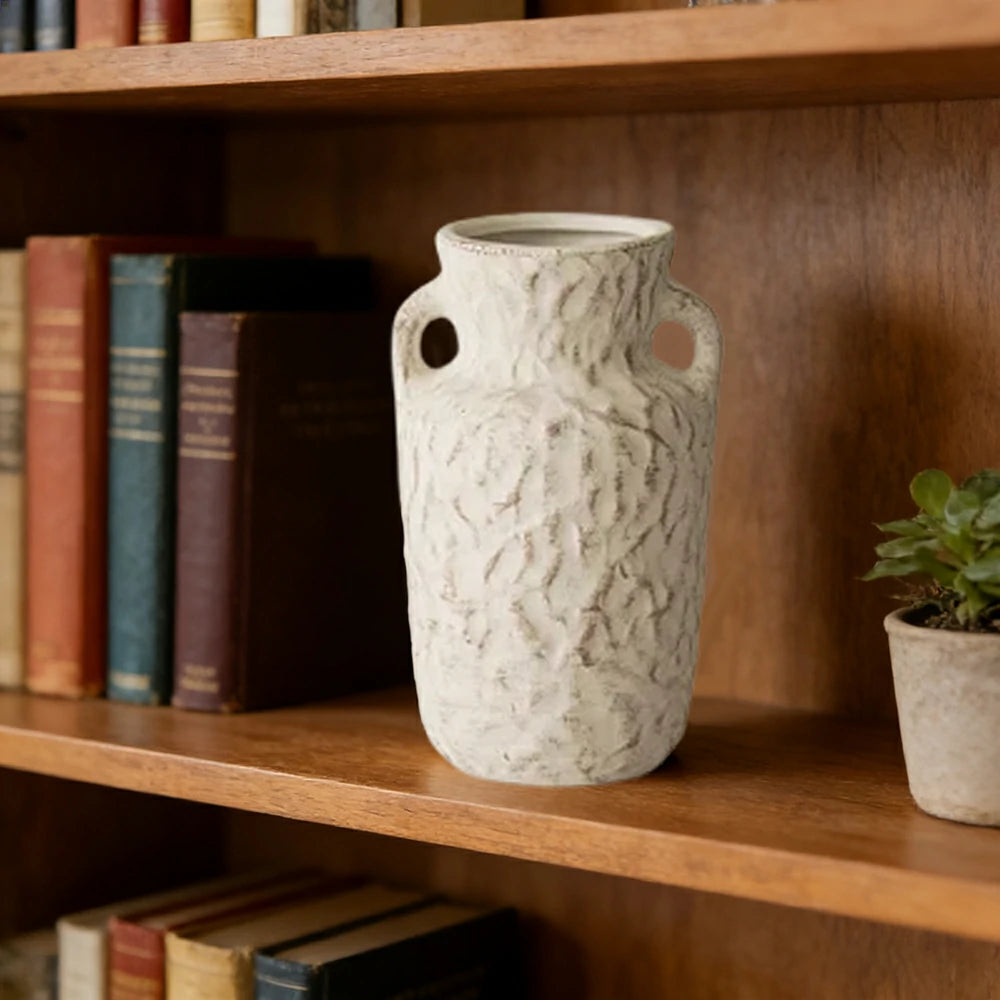 LIVARA Ceramic Vase Ornament Sculpted Double-Handle Form with Flowing Texture Decorative Art Vessel Matte Ceramic