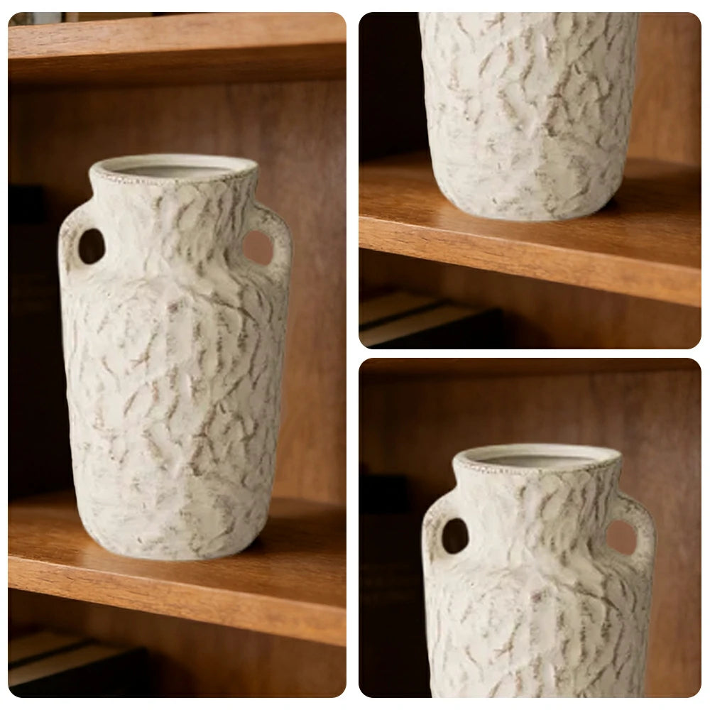 LIVARA Ceramic Vase Ornament Sculpted Double-Handle Form with Flowing Texture Decorative Art Vessel Matte Ceramic