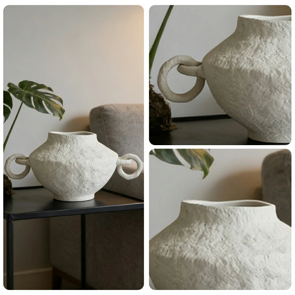 LIVARA Ceramic Vase Ornament Double-Ring Handle Vessel Not Suitable for Water Artistic Home Display Matte Ceramic Raw Texture