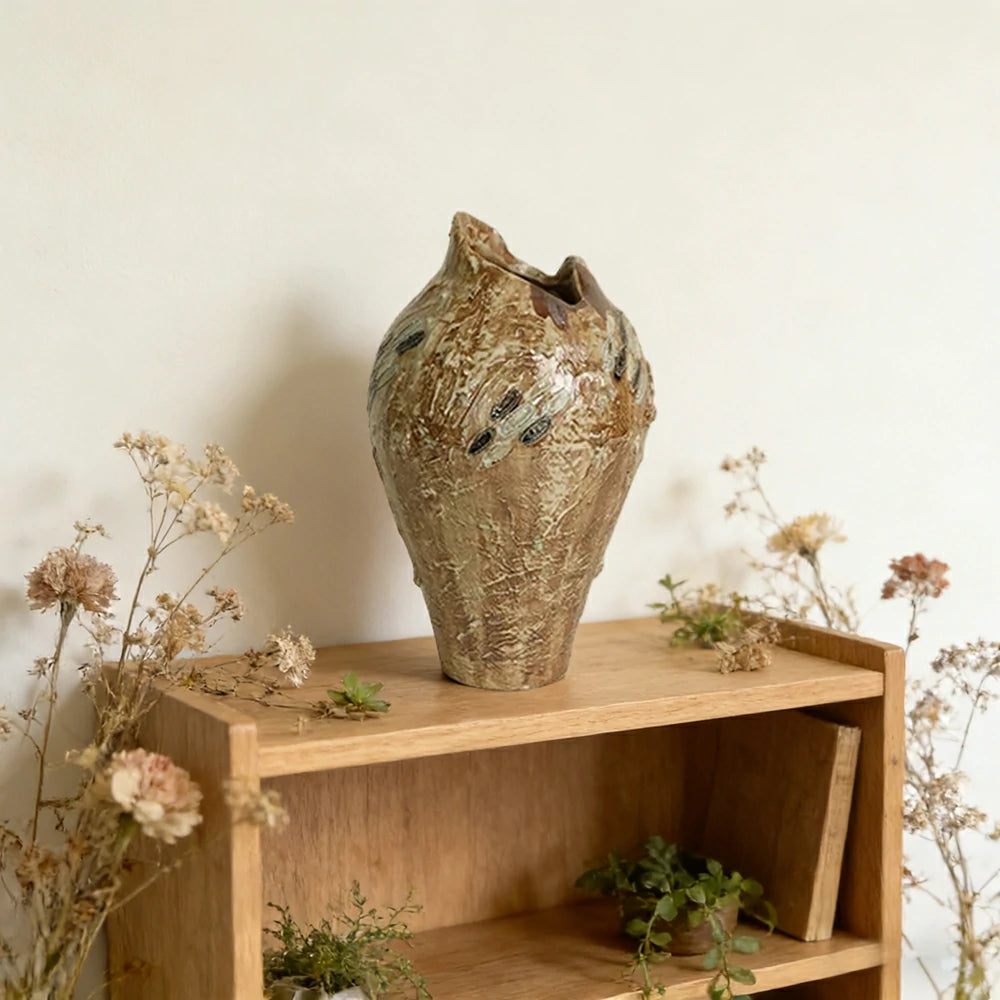 LIVARA Ceramic Vase Ornament Antique-Inspired Ningfang Form Decorative Art Vessel Matte Ceramic Natural Textured Finish