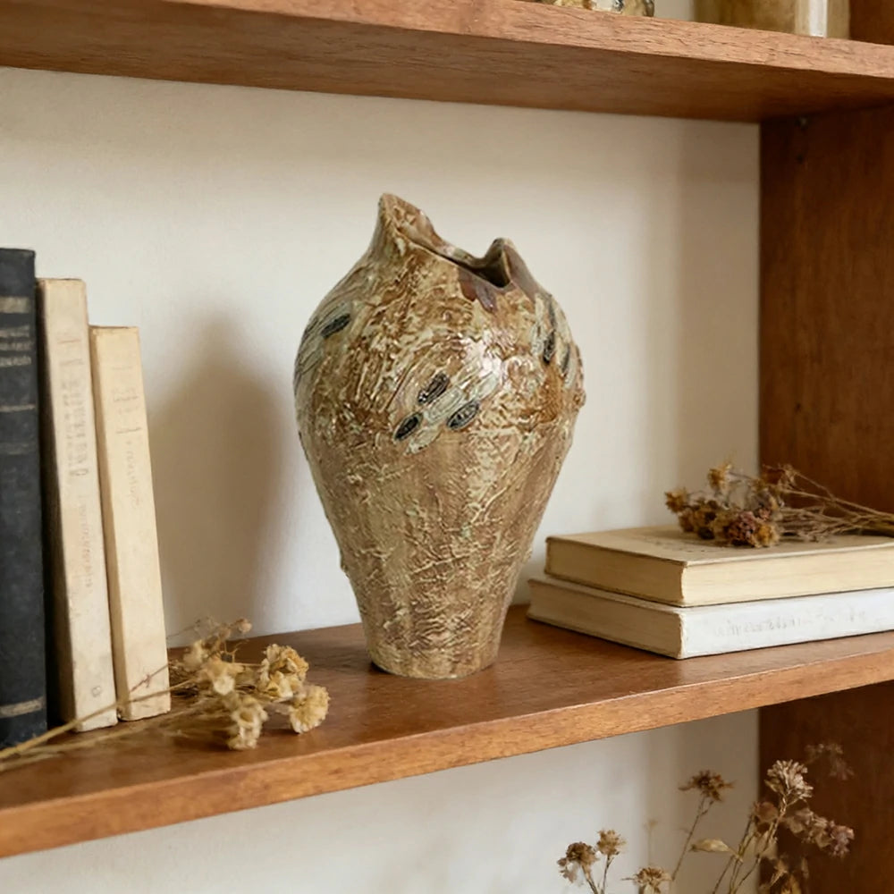 LIVARA Ceramic Vase Ornament Antique-Inspired Ningfang Form Decorative Art Vessel Matte Ceramic Natural Textured Finish