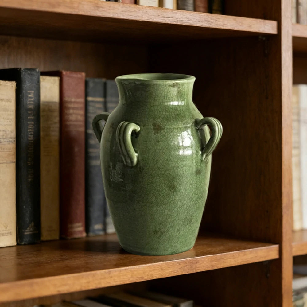LIVARA Ceramic Vase Ornament Crackle Texture with Moss Tones Decorative Art Vessel Matte Ceramic Raw Aesthetic Finish
