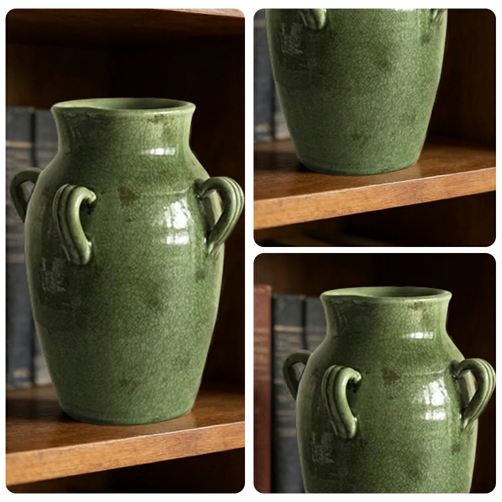 LIVARA Ceramic Vase Ornament Crackle Texture with Moss Tones Decorative Art Vessel Matte Ceramic Raw Aesthetic Finish