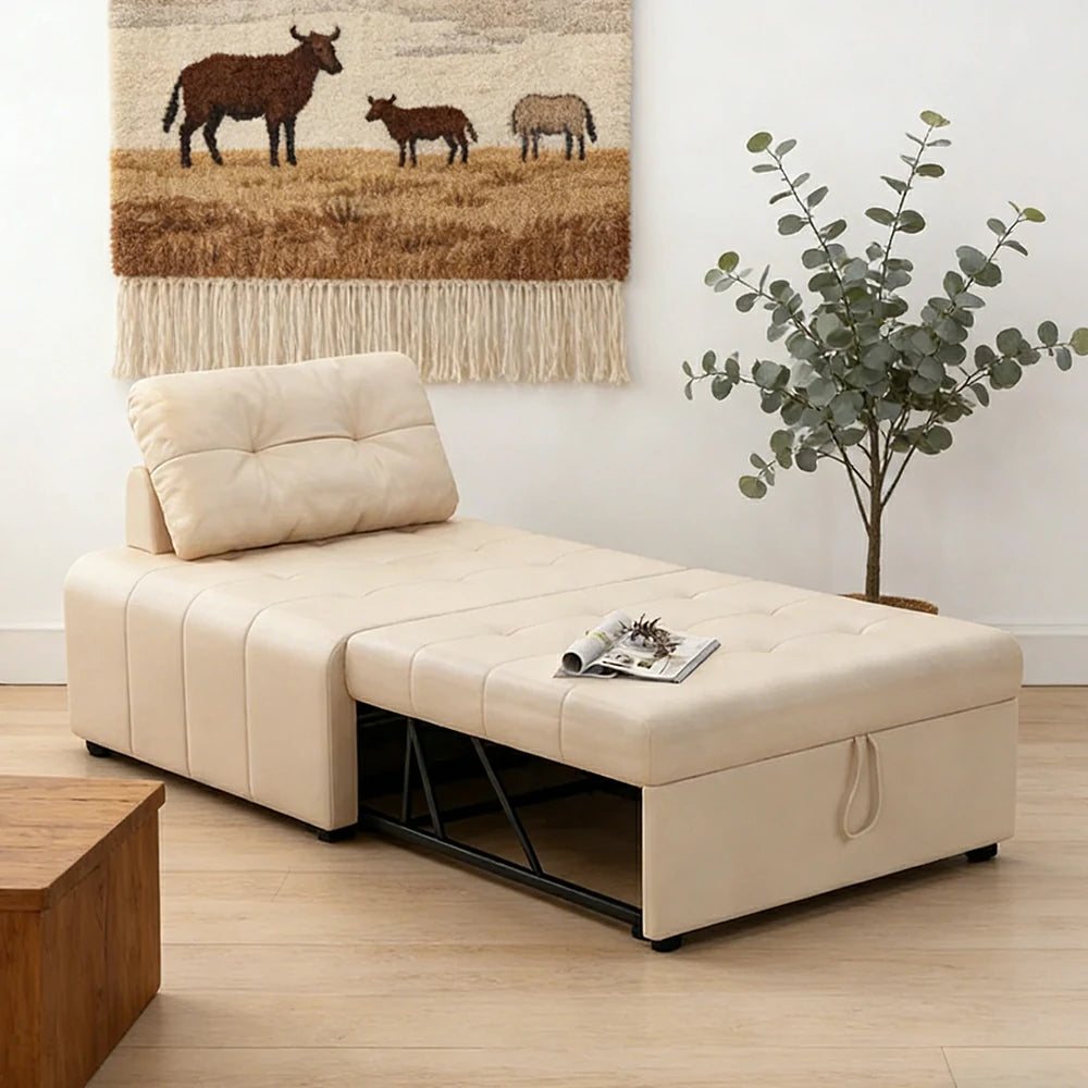 LIVARA 88/108cm Adjustable Backrest Convertible Sofa Bed, Wear-Resistant Cat Scratch Fabric, Space-Saving Sleeper Design - White