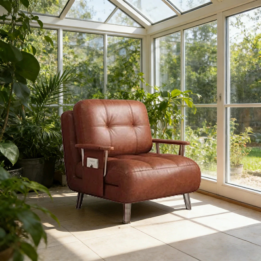 LIVARA 100/120cm Convertible Sofa Bed, Vintage Oil-Waxed Leather, Dust-Free High-Resilience Foam, 3-Mode Adjustable Design - Brown