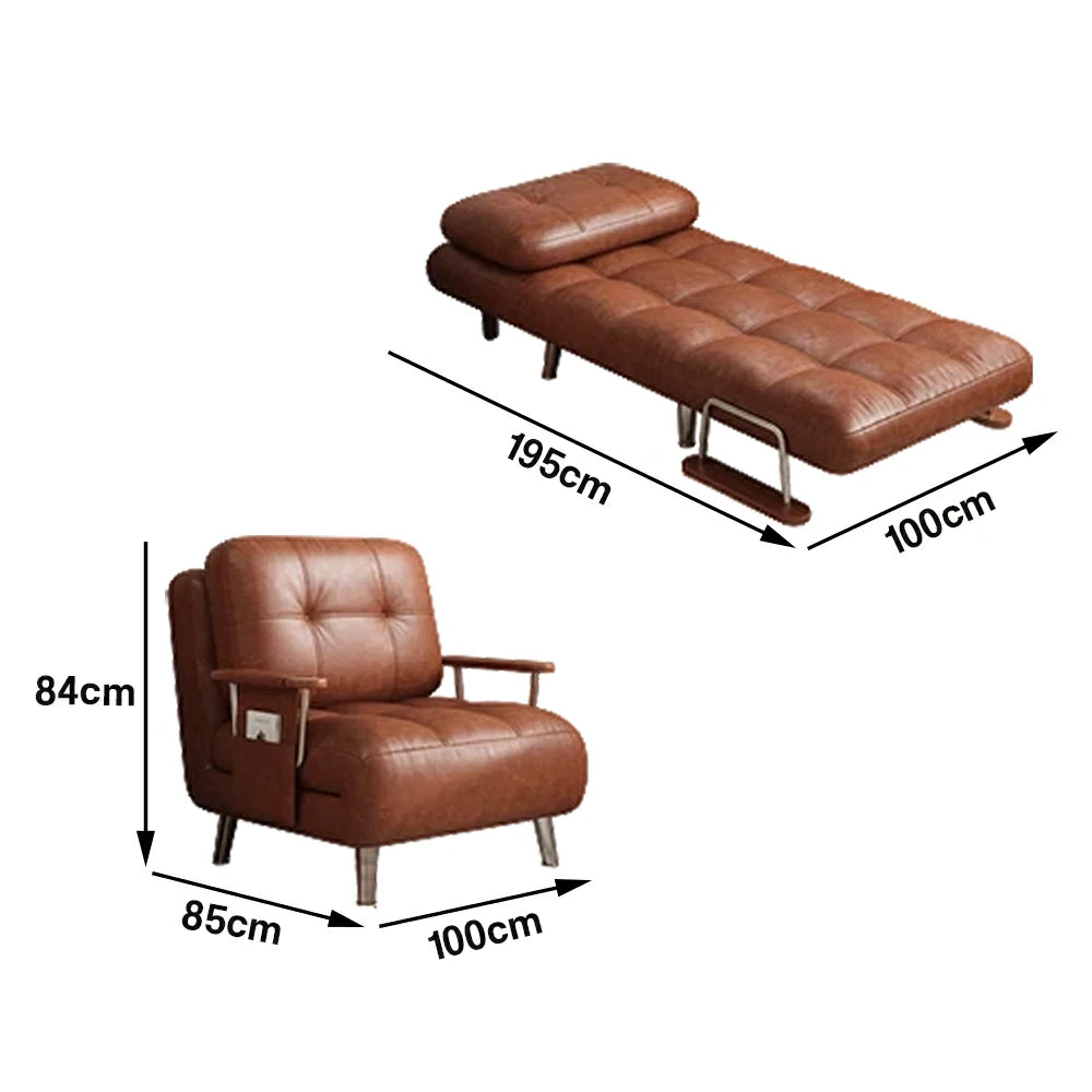 LIVARA 100/120cm Convertible Sofa Bed, Vintage Oil-Waxed Leather, Dust-Free High-Resilience Foam, 3-Mode Adjustable Design - Brown