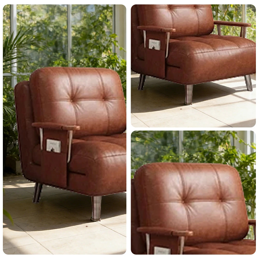 LIVARA 100/120cm Convertible Sofa Bed, Vintage Oil-Waxed Leather, Dust-Free High-Resilience Foam, 3-Mode Adjustable Design - Brown