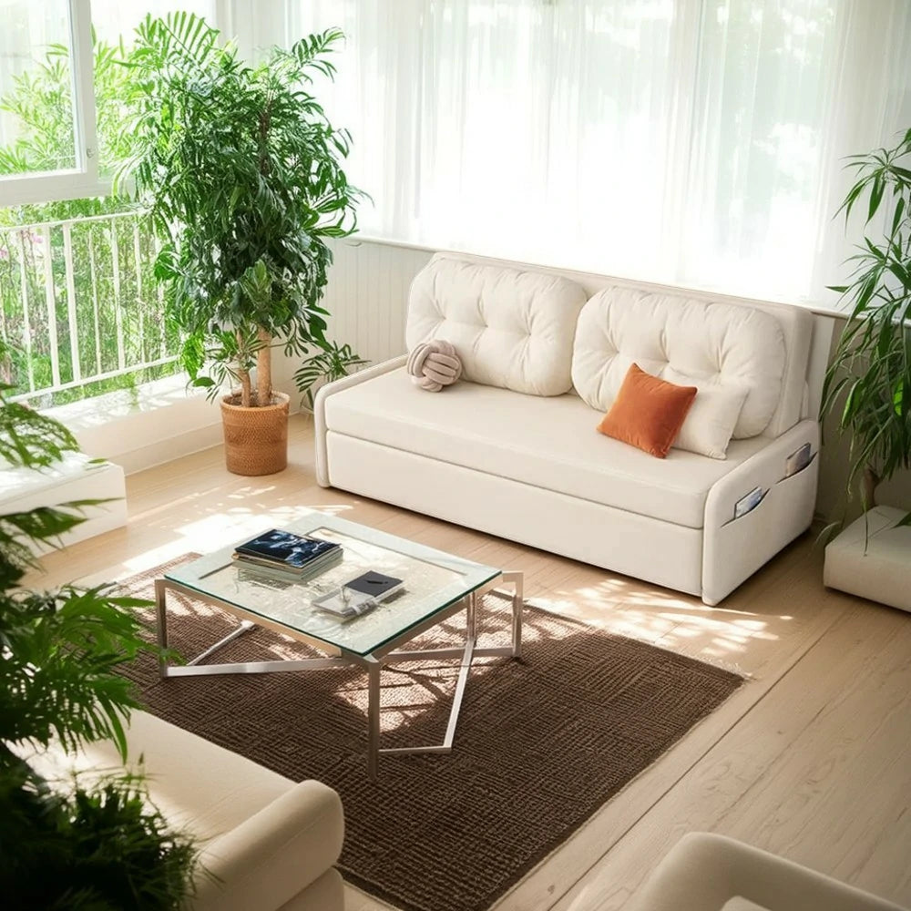 LIVARA 100/120cm Sofa Bed, Skin-Friendly Milk Velvet Fabric, No Storage Design, 8cm Comfort Foam Cushion, Space-Saving Pull-Out Style - Beige