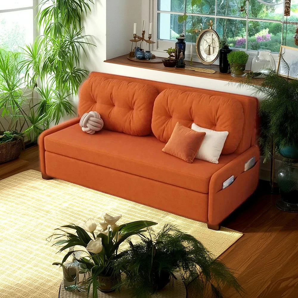 LIVARA 100/120cm Sofa Bed, Skin-Friendly Milk Velvet Fabric, No Storage Design, 8cm Comfort Foam Cushion, Space-Saving Pull-Out Style - Orange