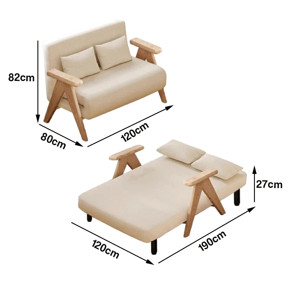 LIVARA 3-in-1 120/150cm Sofa Bed Recliner, High-Density Foam, Waterproof, Anti-Sagging, Modern Design - Beige&Wood