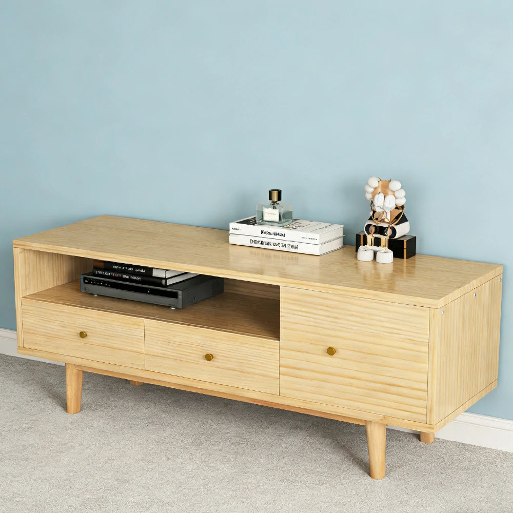 LIVARA TV Unit - Wide Tabletop Design with Thickened Panel Construction, Multi-Storage Drawers & Solid Wood Legs