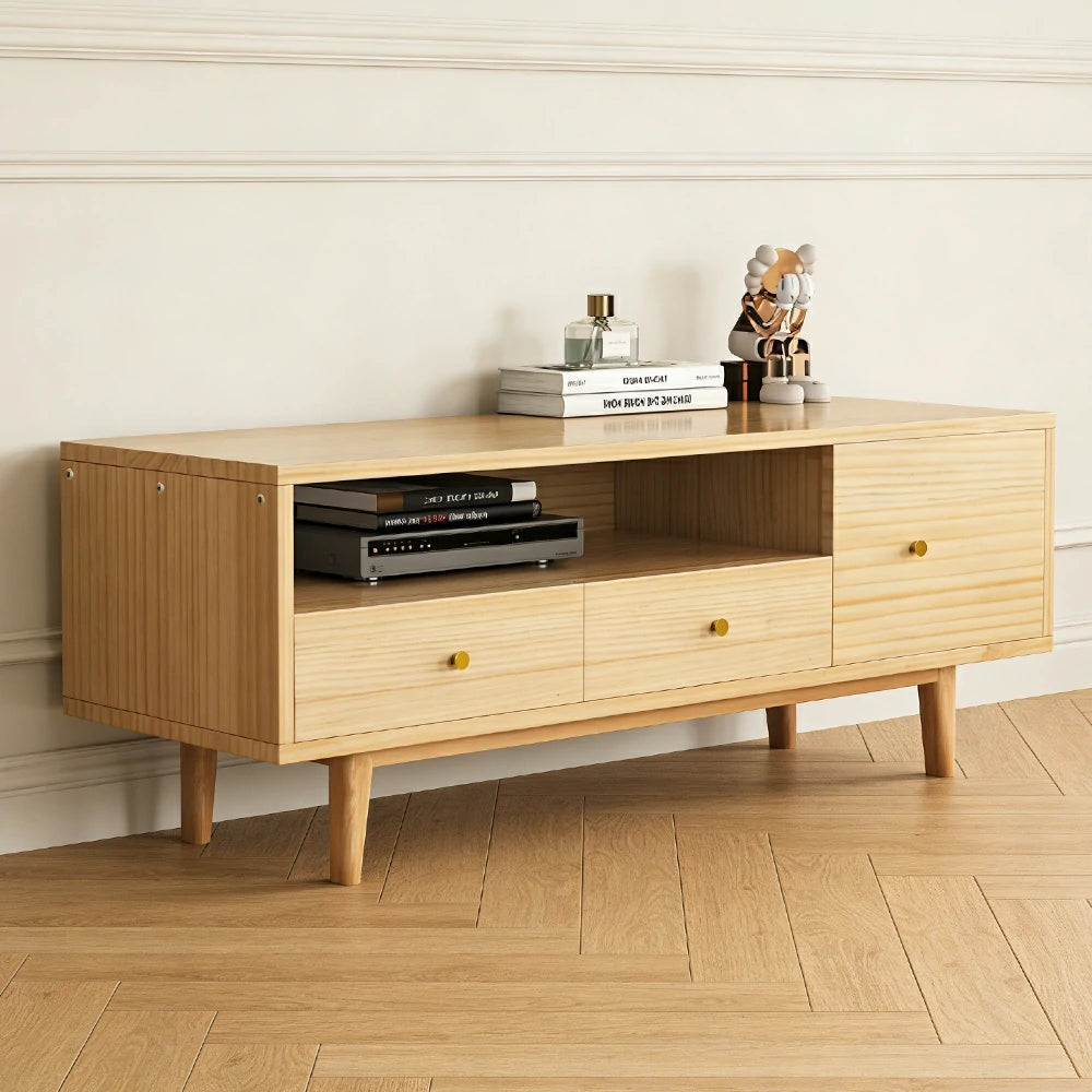 LIVARA TV Unit - Wide Tabletop Design with Thickened Panel Construction, Multi-Storage Drawers & Solid Wood Legs