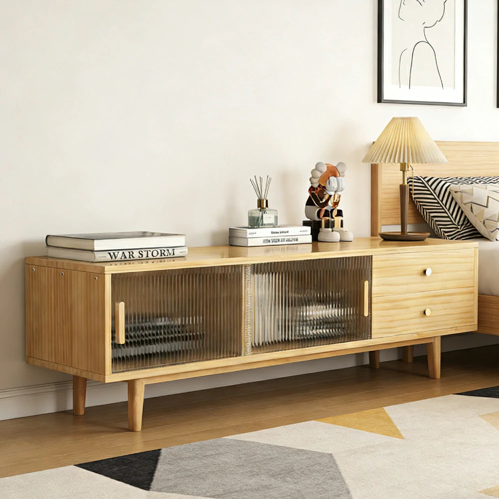 LIVARA 150cm Glass Door TV Unit - Wide Tabletop with Thickened Panel Construction, Multi-Storage Drawers & Solid Wood Legs
