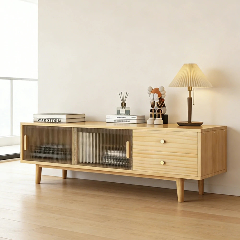 LIVARA 150cm Glass Door TV Unit - Wide Tabletop with Thickened Panel Construction, Multi-Storage Drawers & Solid Wood Legs