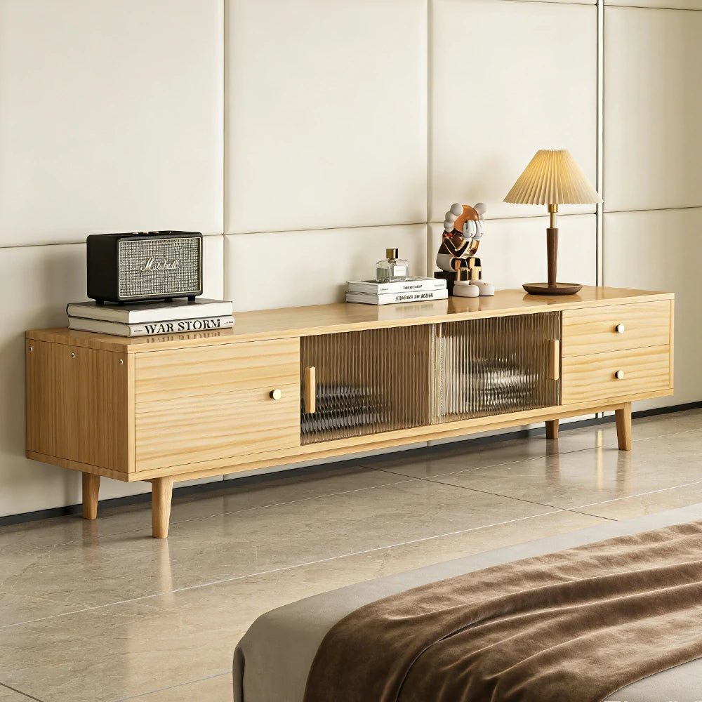 LIVARA 200cm Glass Door TV Unit - Wide Tabletop with Thickened Panel Construction, Multi-Storage Drawers & Solid Wood Legs
