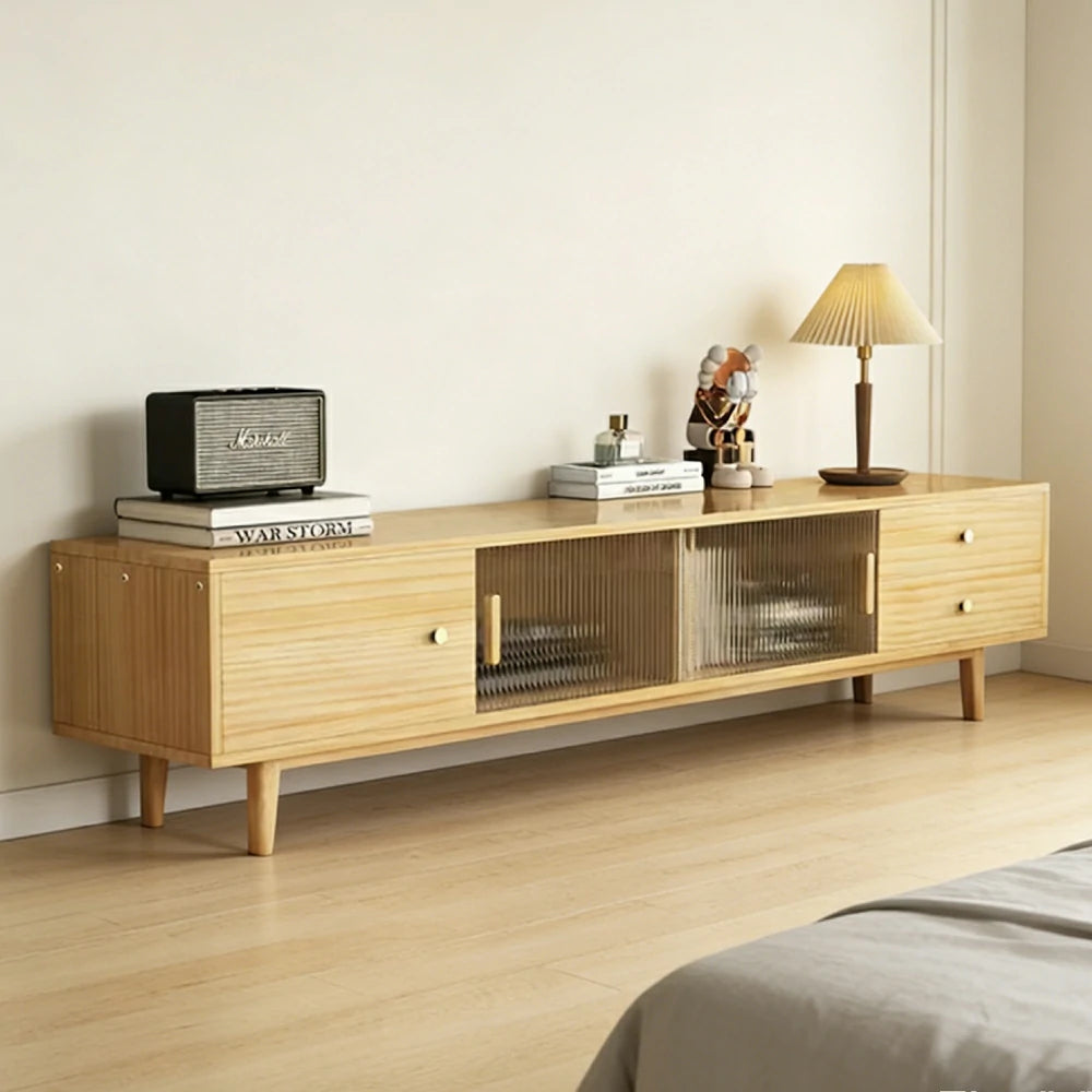 LIVARA 200cm Glass Door TV Unit - Wide Tabletop with Thickened Panel Construction, Multi-Storage Drawers & Solid Wood Legs