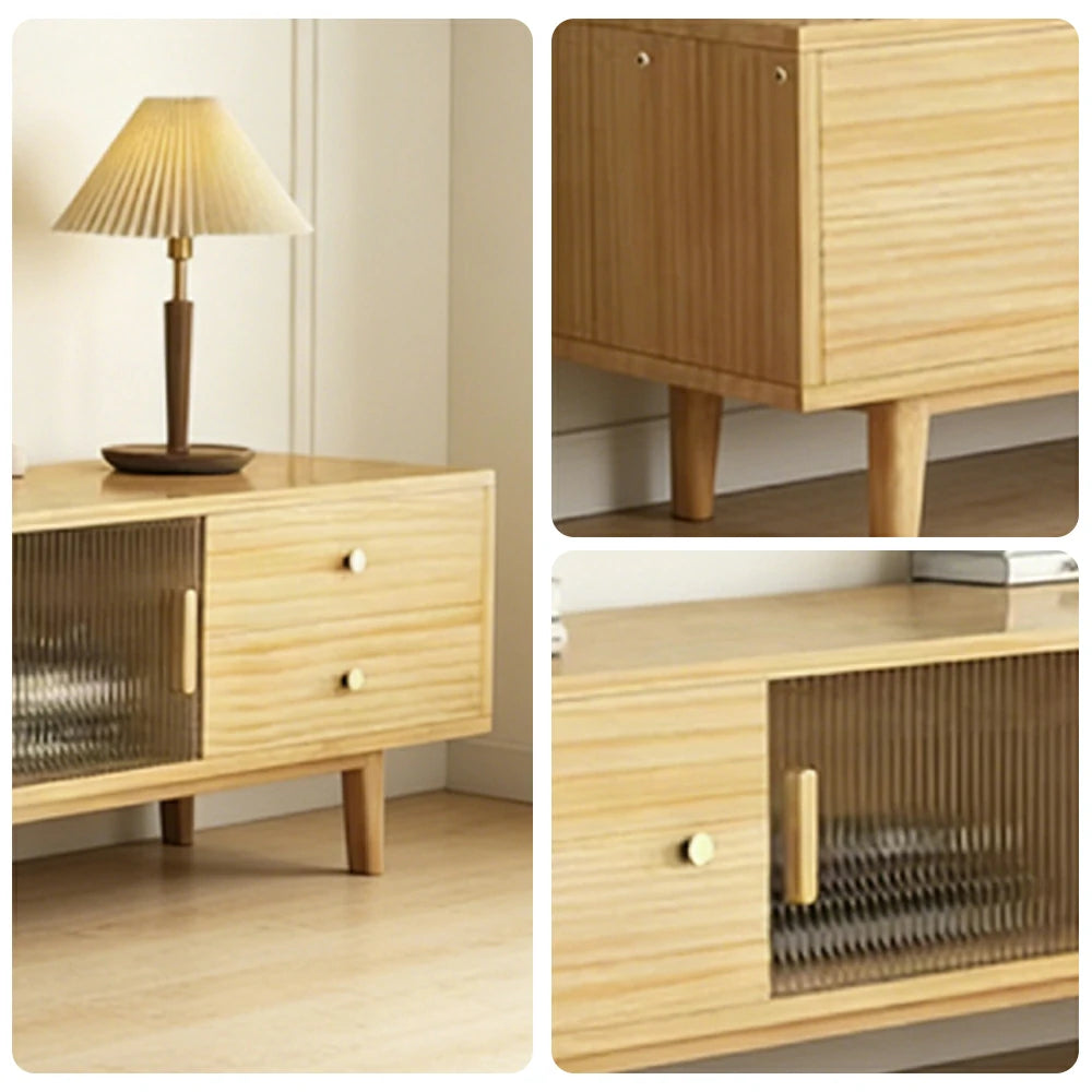 LIVARA 200cm Glass Door TV Unit - Wide Tabletop with Thickened Panel Construction, Multi-Storage Drawers & Solid Wood Legs