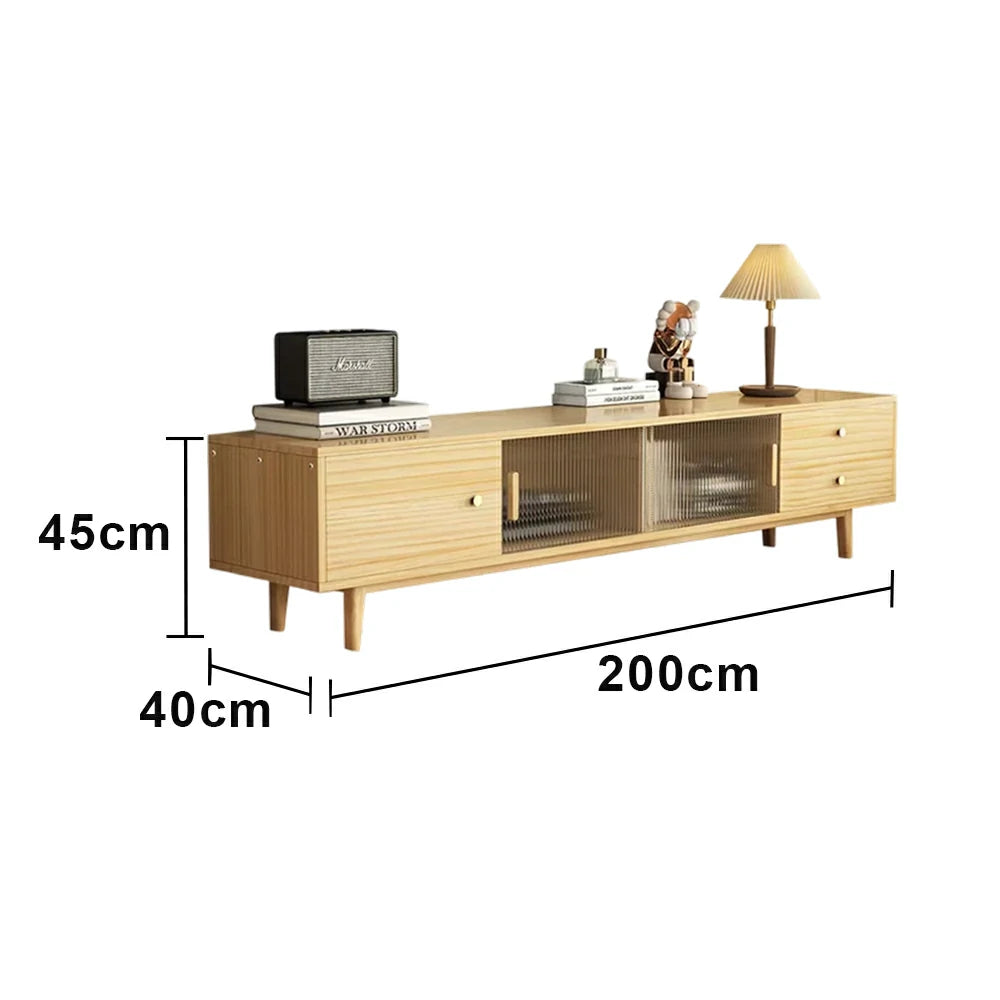 LIVARA 200cm Glass Door TV Unit - Wide Tabletop with Thickened Panel Construction, Multi-Storage Drawers & Solid Wood Legs