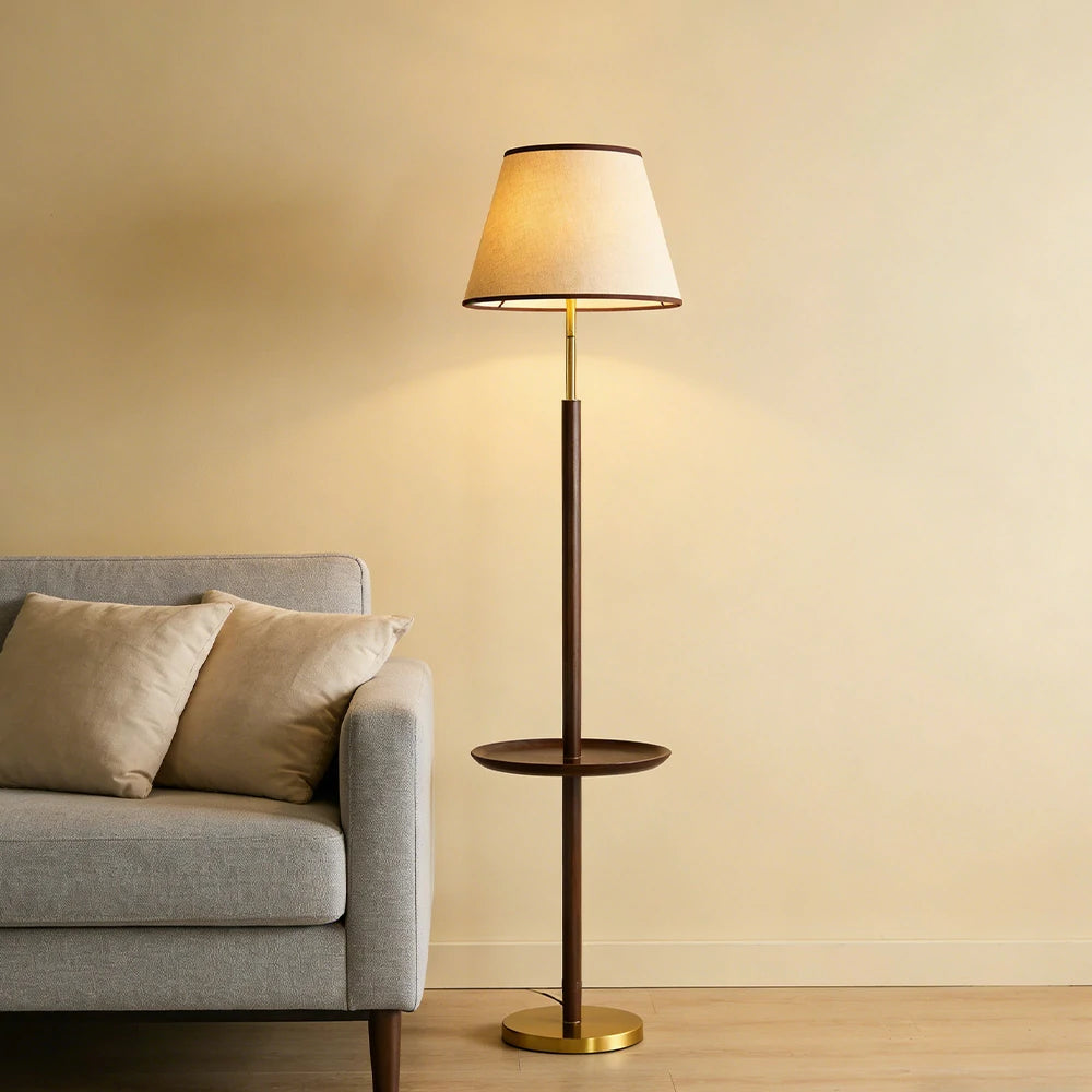 LIVARA Floor Lamp Three-Mode Lighting Beech Wood Tabletop Handwoven Fabric Shade Tip-Resistant Base