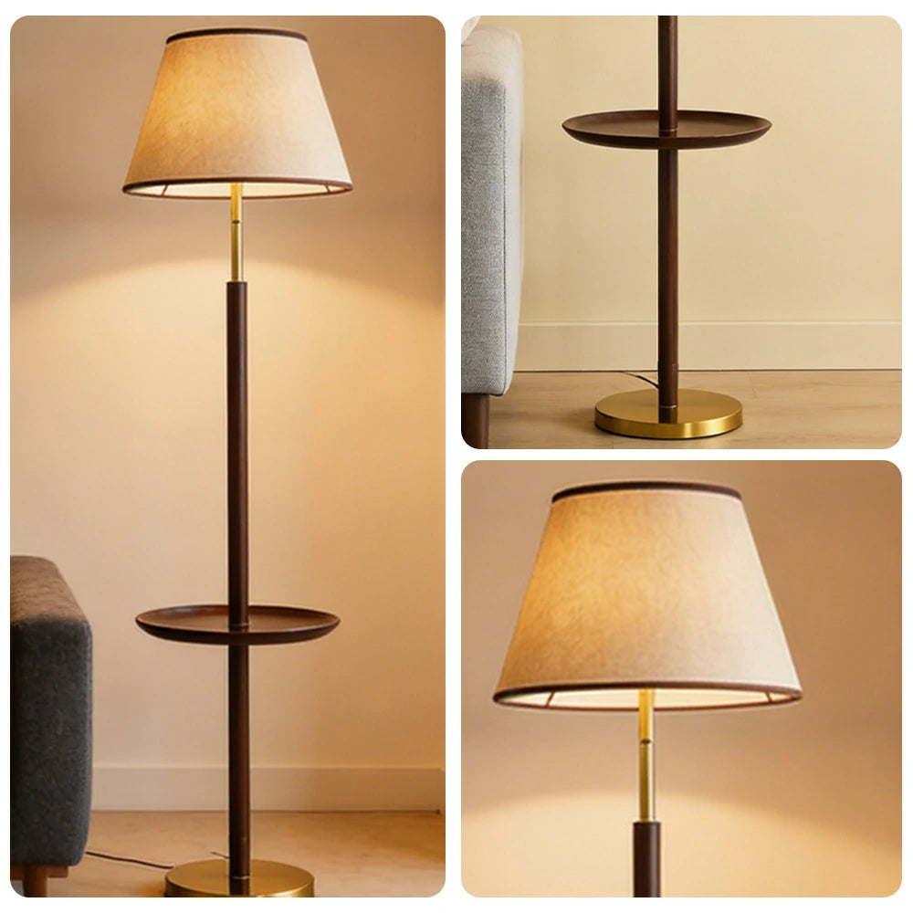 LIVARA Floor Lamp Three-Mode Lighting Beech Wood Tabletop Handwoven Fabric Shade Tip-Resistant Base