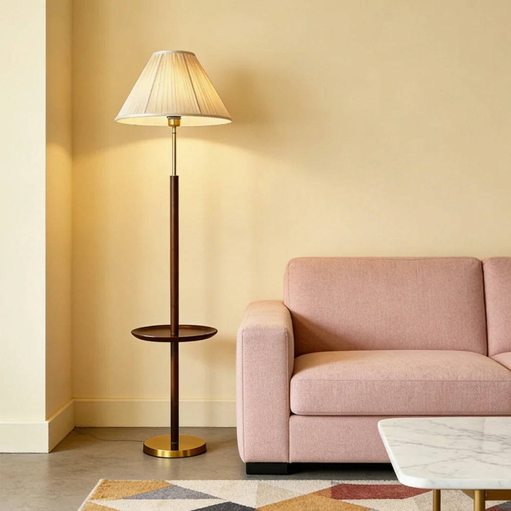 LIVARA Floor Lamp with Three Lighting Modes Beech Wood Top Handwoven Fabric Shade Stable Design