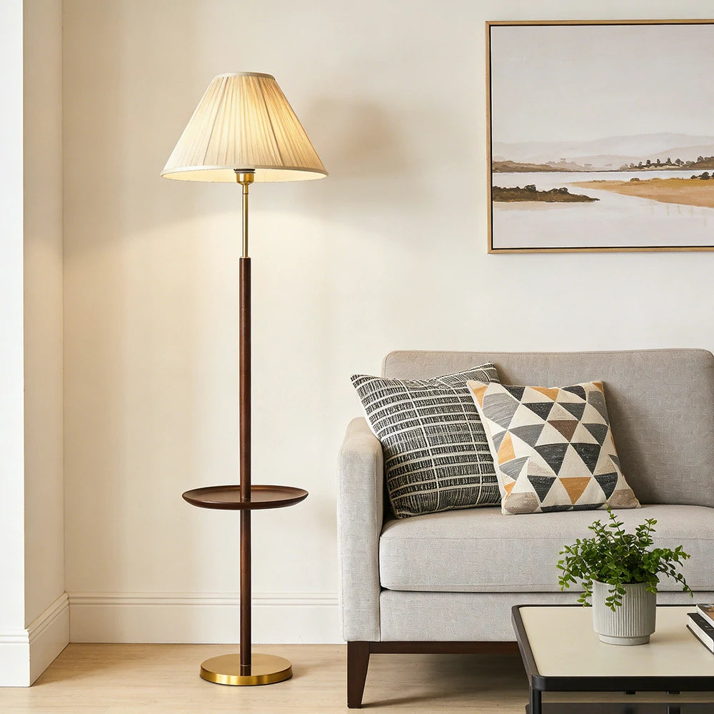 LIVARA Floor Lamp with Three Lighting Modes Beech Wood Top Handwoven Fabric Shade Stable Design