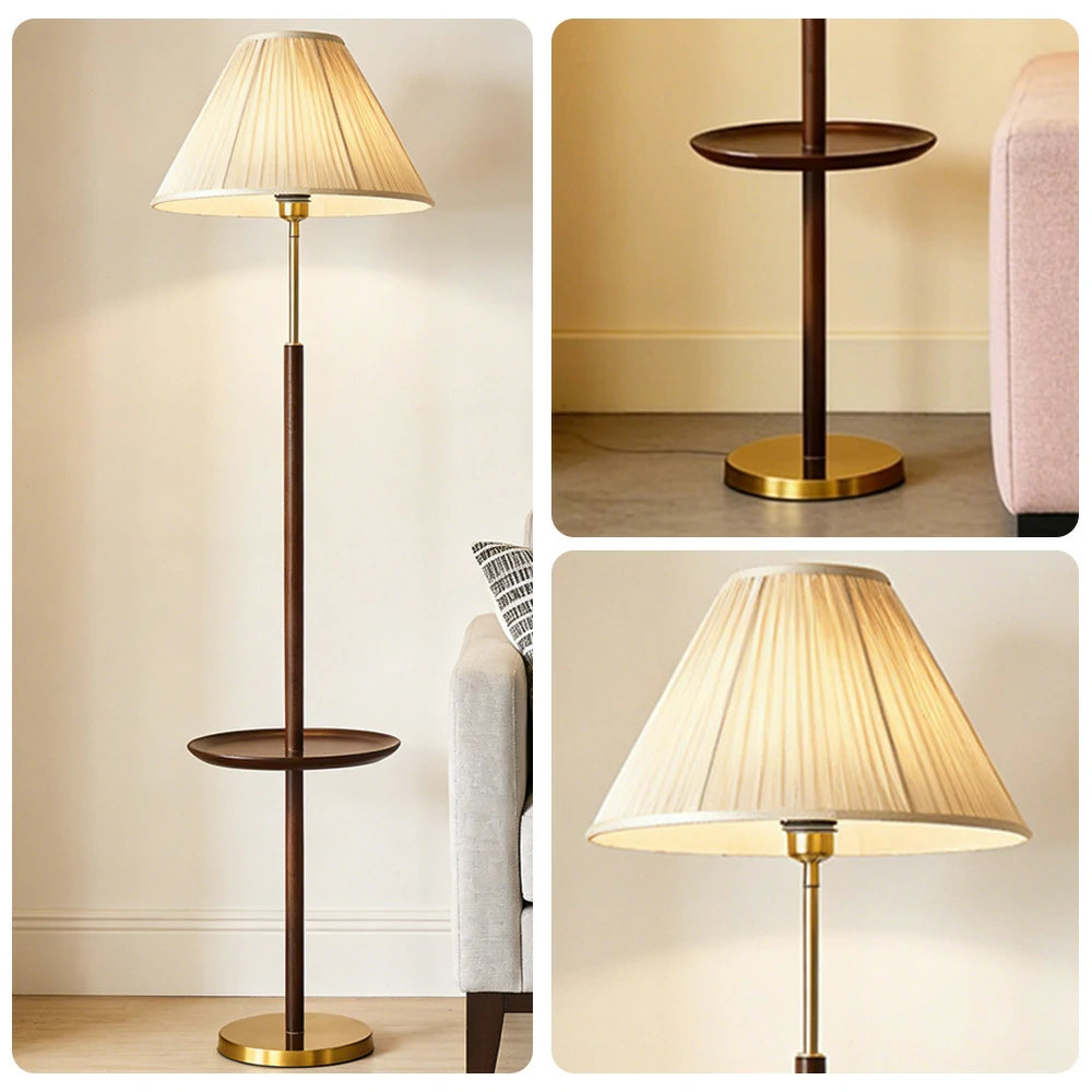 LIVARA Floor Lamp with Three Lighting Modes Beech Wood Top Handwoven Fabric Shade Stable Design