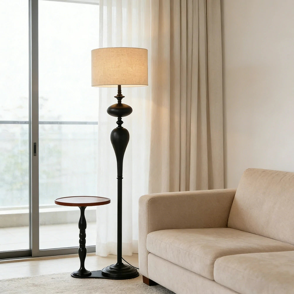 LIVARA Modern Floor Lamp Soft Ambient Light Beech Wood Top Handwoven Fabric Shade Elegant Style