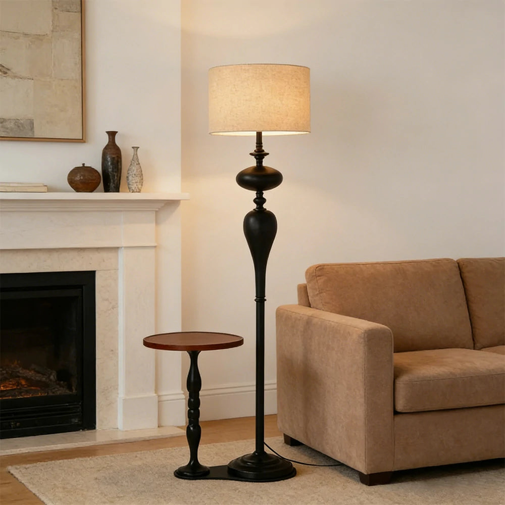 LIVARA Modern Floor Lamp Soft Ambient Light Beech Wood Top Handwoven Fabric Shade Elegant Style