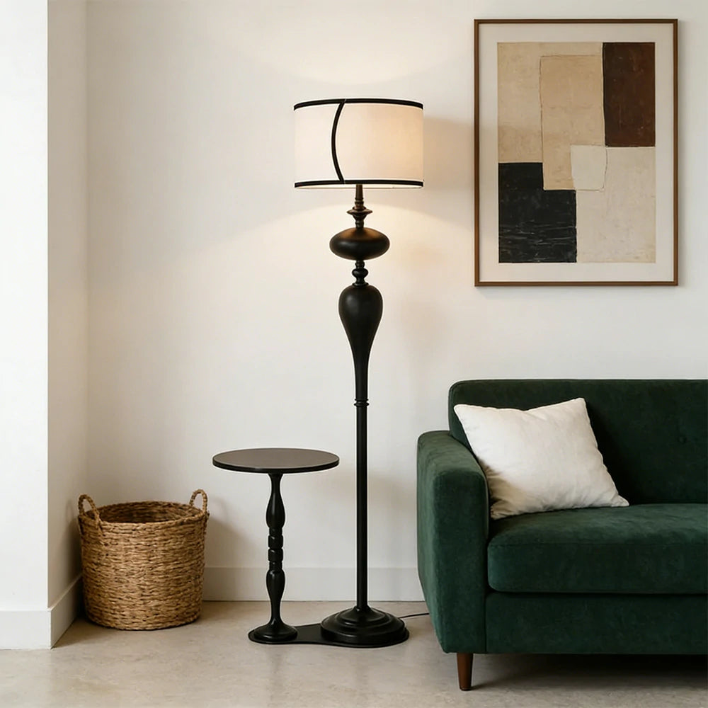 LIVARA Floor Lamp Three-Mode Light Beech Wood Top Handwoven Fabric Shade Heavy-Duty Base