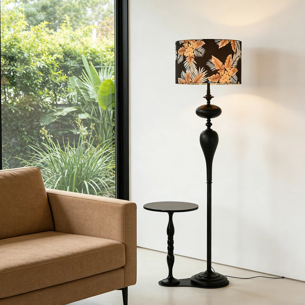 LIVARA Floor Lamp Three-Mode Lighting Beech Wood Tabletop Handwoven Fabric Shade Space-Saving Design
